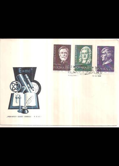 E = mc2. Pasteur, Newton i Kopernik, 1959 (koperta FDC - na pierwszy dzień obiegu)