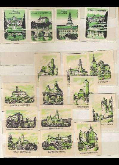zamki Czechosłowacji - seria 12 etykiet (zielona) plus 4 z innej serii