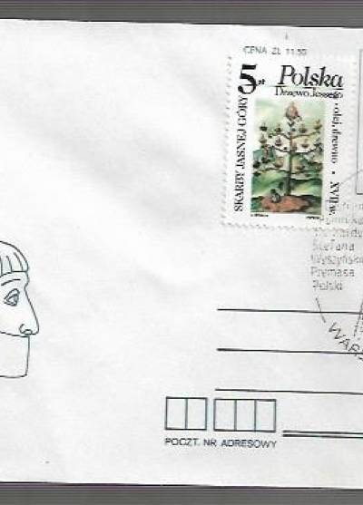Koperta z głową wawelską, na znaczku Drzewo Jessego z Jasnej góry i pieczęć okolicznościowa na odsłonięcie pomnika kard. S. Wyszyńskiego, 1987
