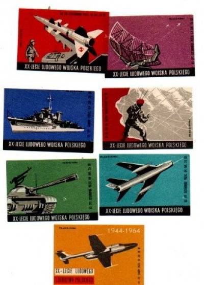 XX-lecie Ludowego Wojska Polskiego - 6 etykiet (dłuższe, 1963) plus XX-lecie Ludowego Lotnictwa Polskiego (1 etykieta, 1964)