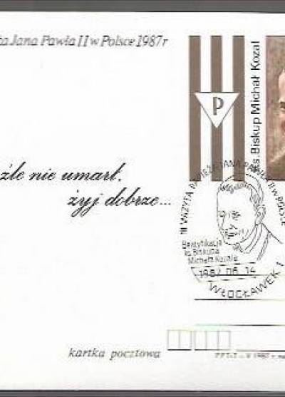 proj. J. Wysocki - III wizyta papieża Jana Pawła II w Polsce 1987 - ks. biskup Michał Kozal (kartka pocztowa, pieczęć okolicznościowa Włocławek)