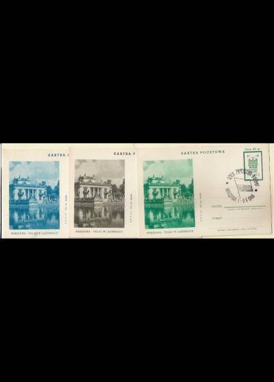 Warszawa - pałac w Łazienkach (zestaw 3 kartek pocztowych w różnych wersjach kolorystycznych, 1960)