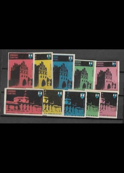 Chrońmy zabytki - 2 x 5 etykiet (serie kolorystyczne: brama w Brodnicy i pałac w Jabłonnej