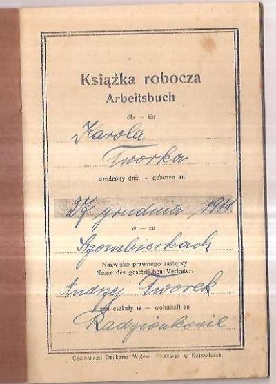 Książka robocza (Arbeitsbuch) K. Tworek, Radzionków, wyst 1926 r.
