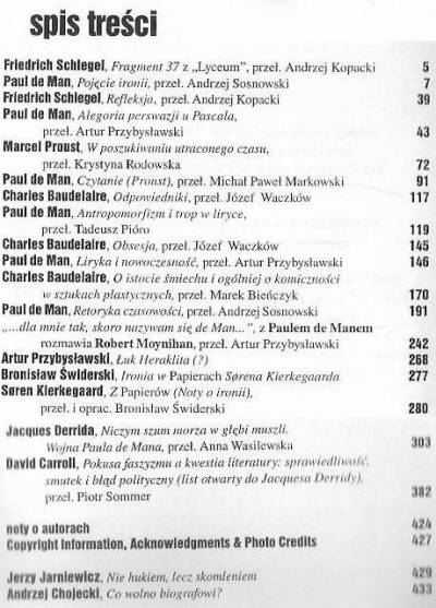 Paul de Man, Charles Baudelaire, Soren Kierkegaard i inni - Literatura na świecie nr 10-11(339-340)1999