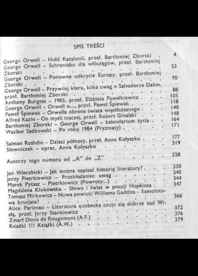 Orwell, Burgess, Rushdie i inni - Hołd Katalonii - Schronisko dla włóczęgów - Ponowne odkrycie Europy - Przywilej kleru / 1985 / Dzieci północy [Literatura na świecie nr 5/1986 (178)]