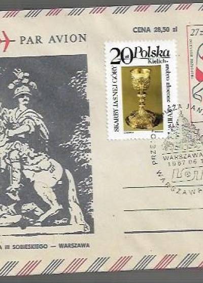 Koperta lotnicza - pomnik Jana III Sobieskiego w Warszawie (znaczek z kielichem jasnogórskim i okolicznościowa pieczęć zw. z wizytą Jana Pawła II, 1987)