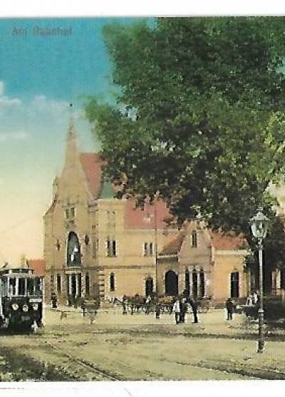 reprint pocztówki ze zbiorów Cz. Czerwińskiego - Beuthen, O.-S. Am Bahnhof